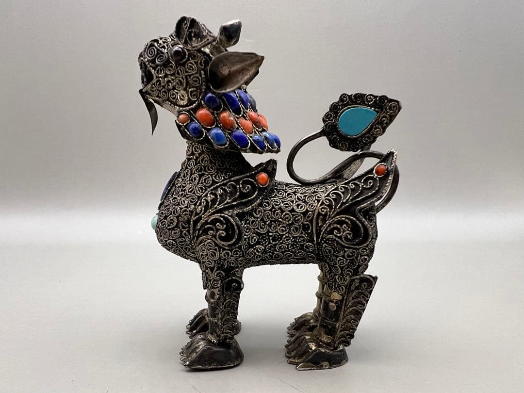 【海】民国期　銀製　獅子　珊瑚　ラピスラズリ　トルコ石装飾　中国骨董品