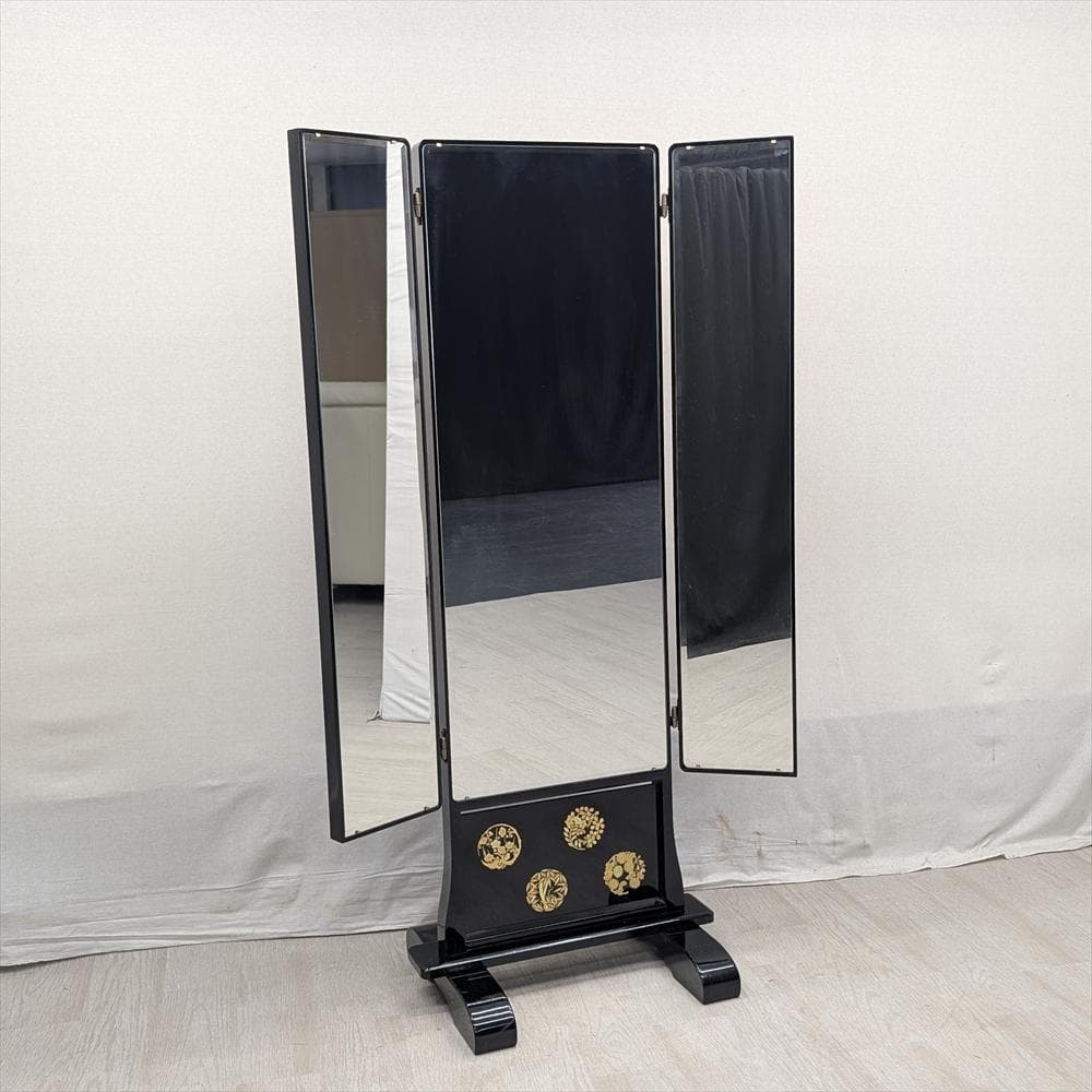 塗り　金彩　三面鏡　姿見　ミラー　鏡　スタンドミラー　全身鏡　和家具　座敷　民藝