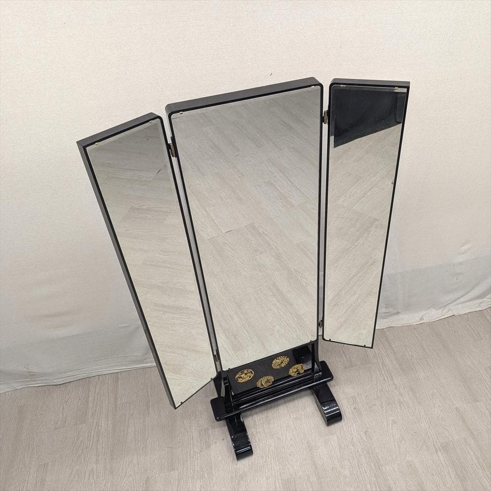 塗り　金彩　三面鏡　姿見　ミラー　鏡　スタンドミラー　全身鏡　和家具　座敷　民藝