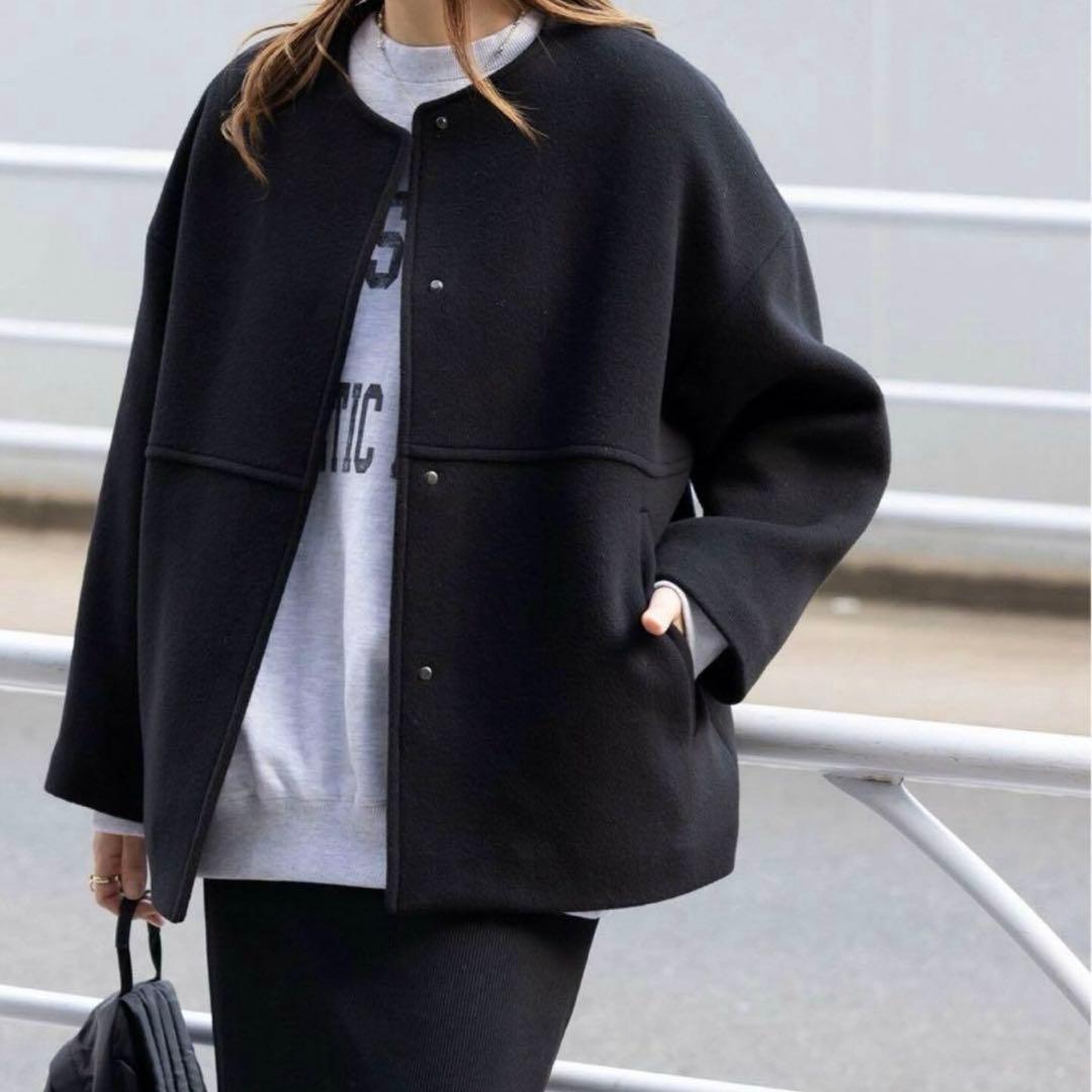 近年 ジャーナルスタンダード スーパー140ビーバーノーカラーショートコート 黒