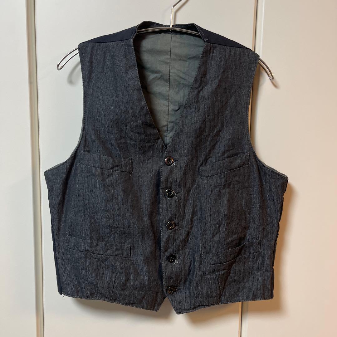 50s フレンチヴィンテージ　ヘリンボーン　ジレ　ベスト　裏地リネン