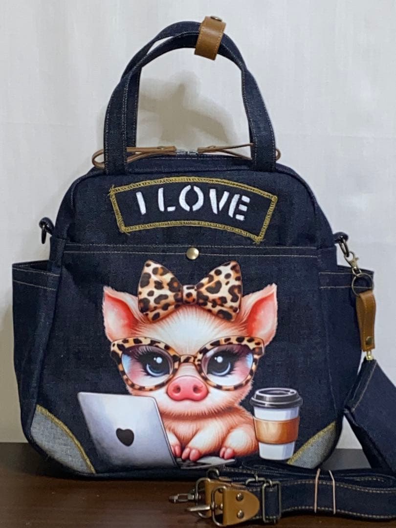 ☆ハンドメイド☆岡山デニム☆豚☆ブタさん☆リュック対応☆4wayボストンバッグ