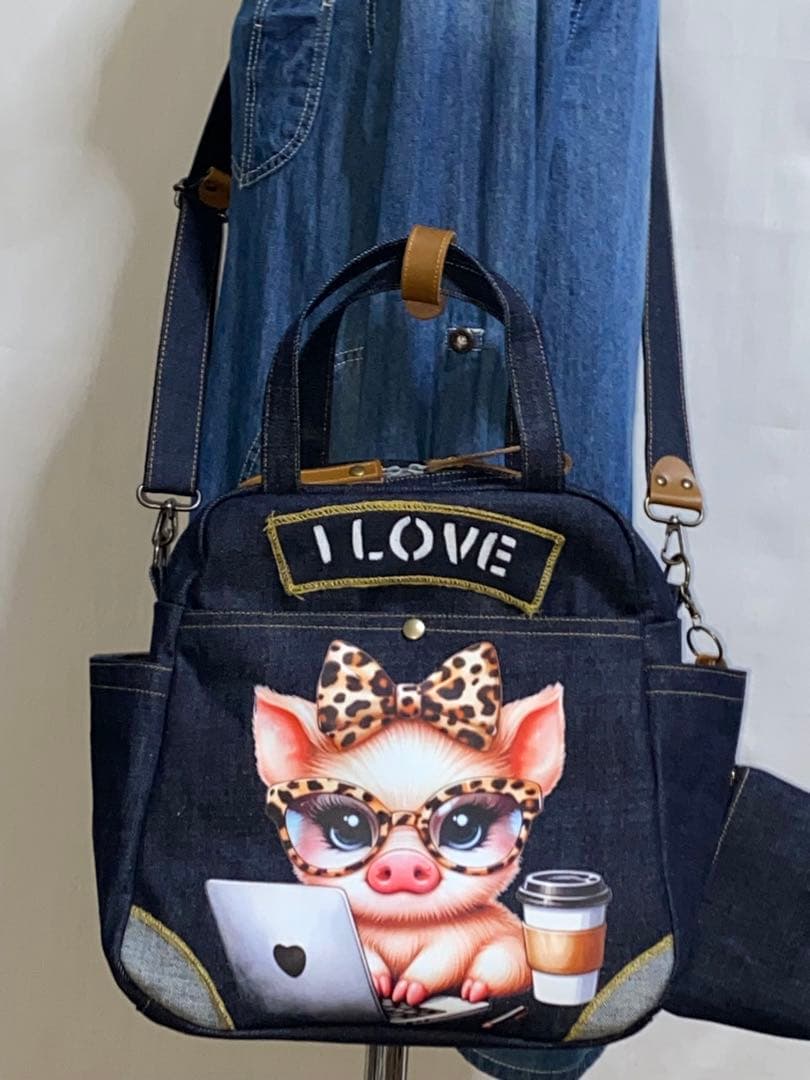 ☆ハンドメイド☆岡山デニム☆豚☆ブタさん☆リュック対応☆4wayボストンバッグ