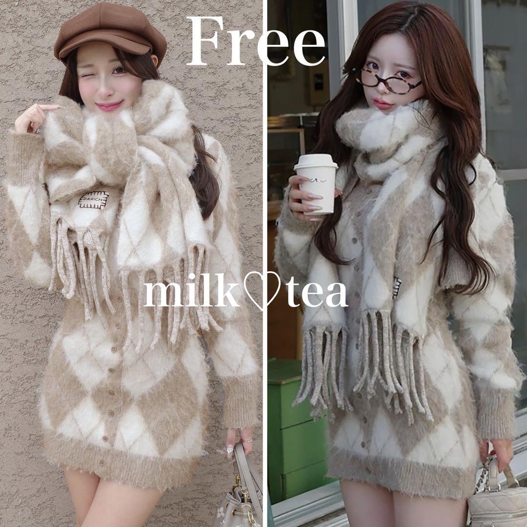 新品タグ付き ダーリッチ アーガイルニットアンサンブル ベージュ フリーサイズ