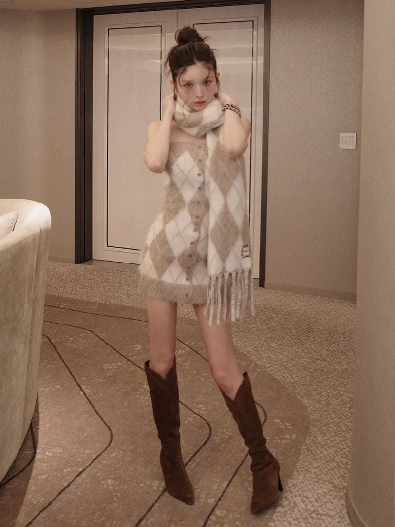 新品タグ付き ダーリッチ アーガイルニットアンサンブル ベージュ フリーサイズ