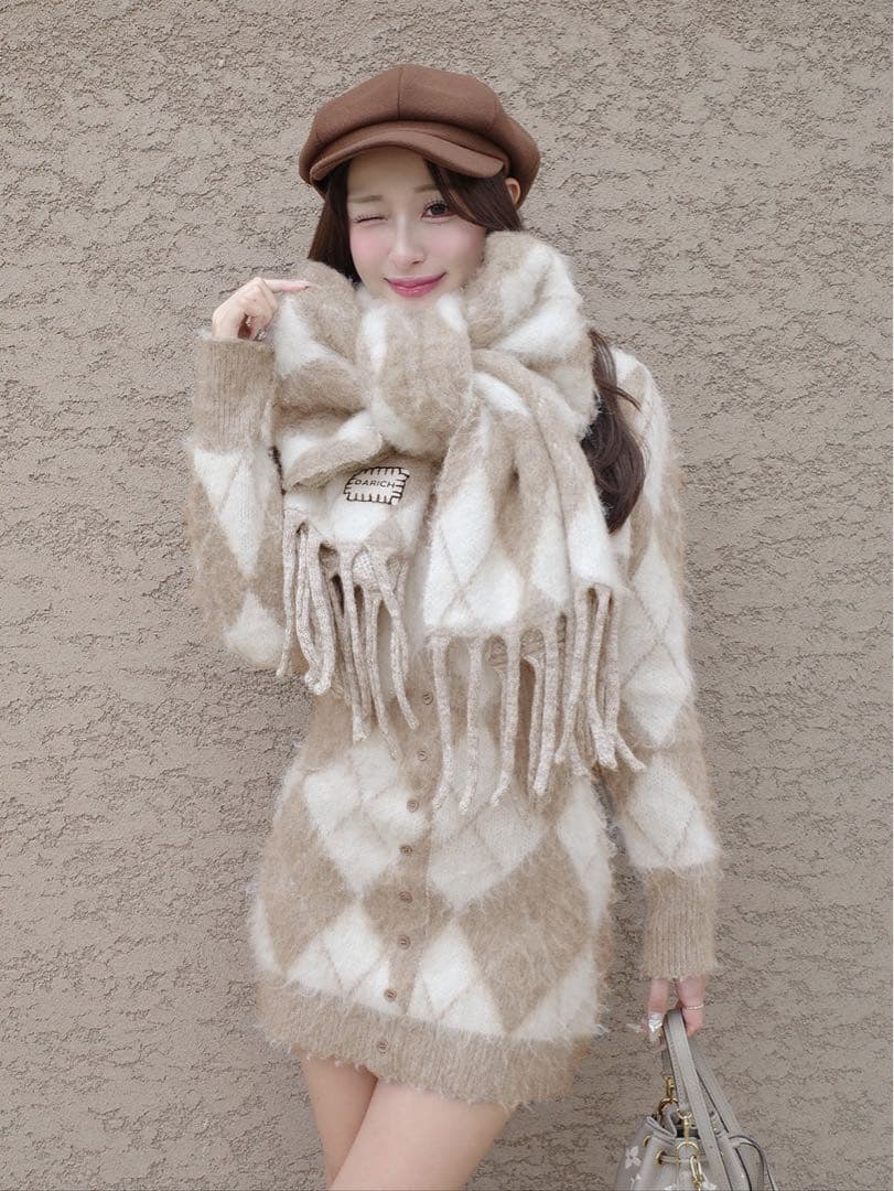 新品タグ付き ダーリッチ アーガイルニットアンサンブル ベージュ フリーサイズ