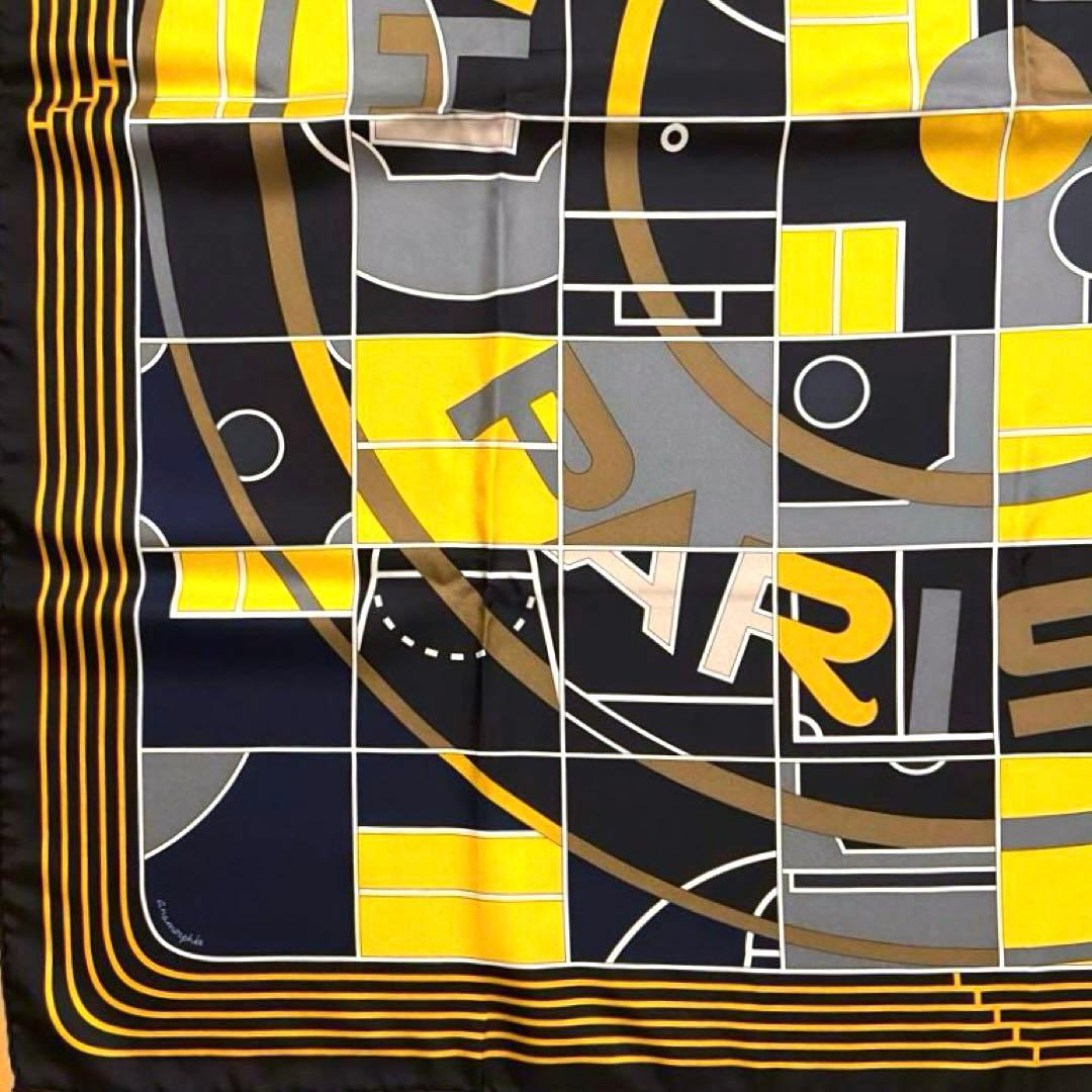 美品 エルメス シルクスカーフ カレ90 エルメススポーツ 黒色 黄色 灰色