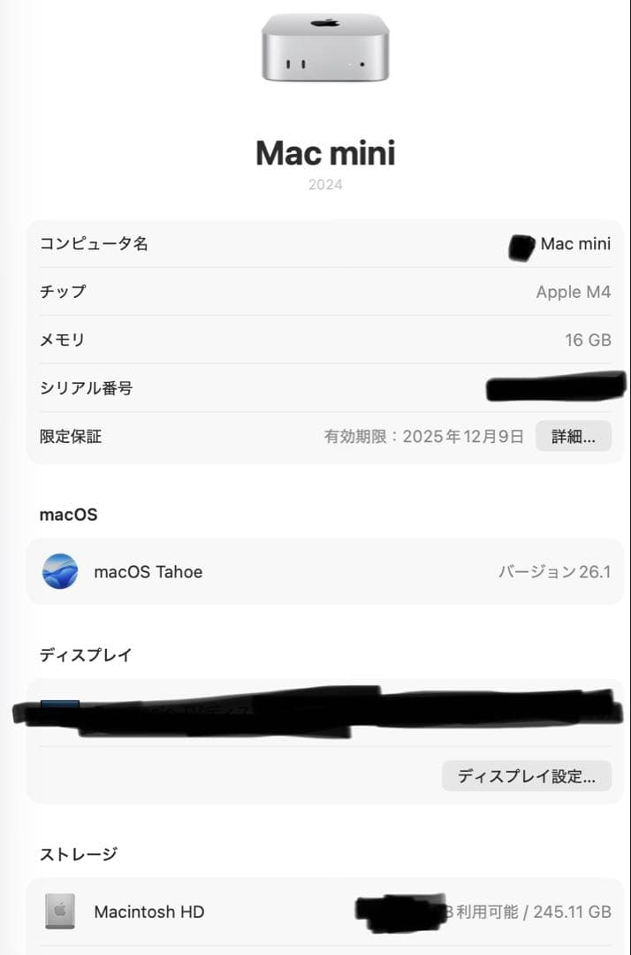 Apple M4チップ搭載Mac mini 16GB 256