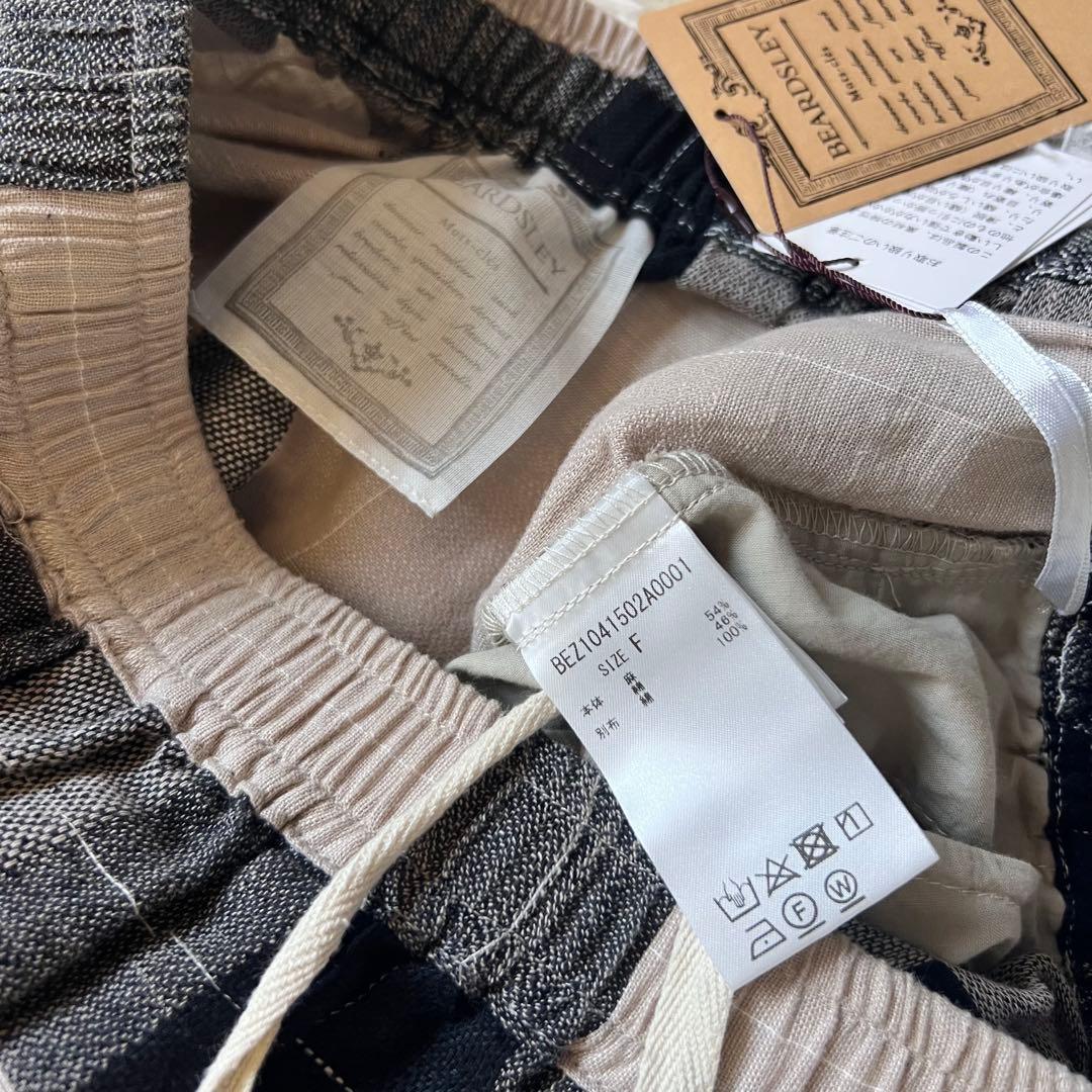 タグ付き BEARDSLEY ビアズリー リネン チェック パンツ