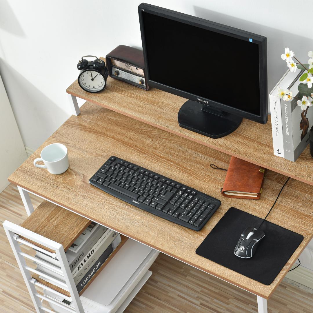 【ナチュラル】パソコンデスクキャスター付きで移動可能ラック付きデスクワークデスク