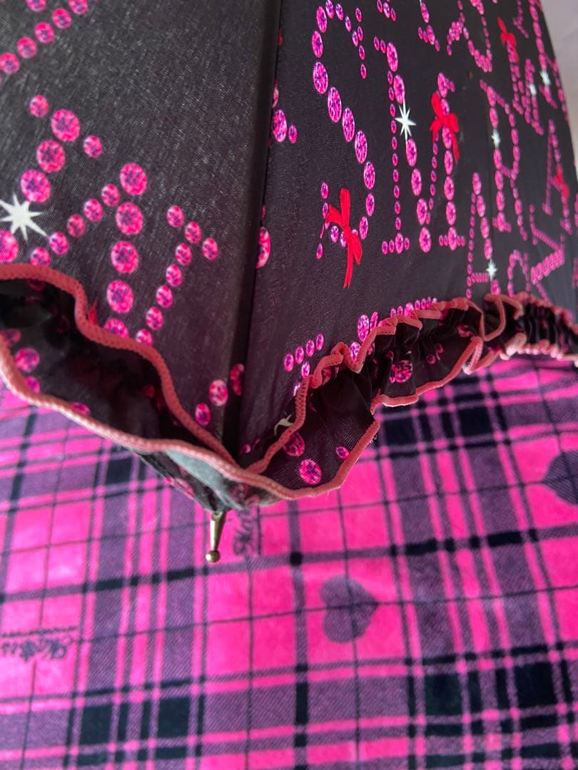 ★レア★　MARS マーズ　リボン付フリルMARSストーンロゴ柄長傘　黒✗ピンク