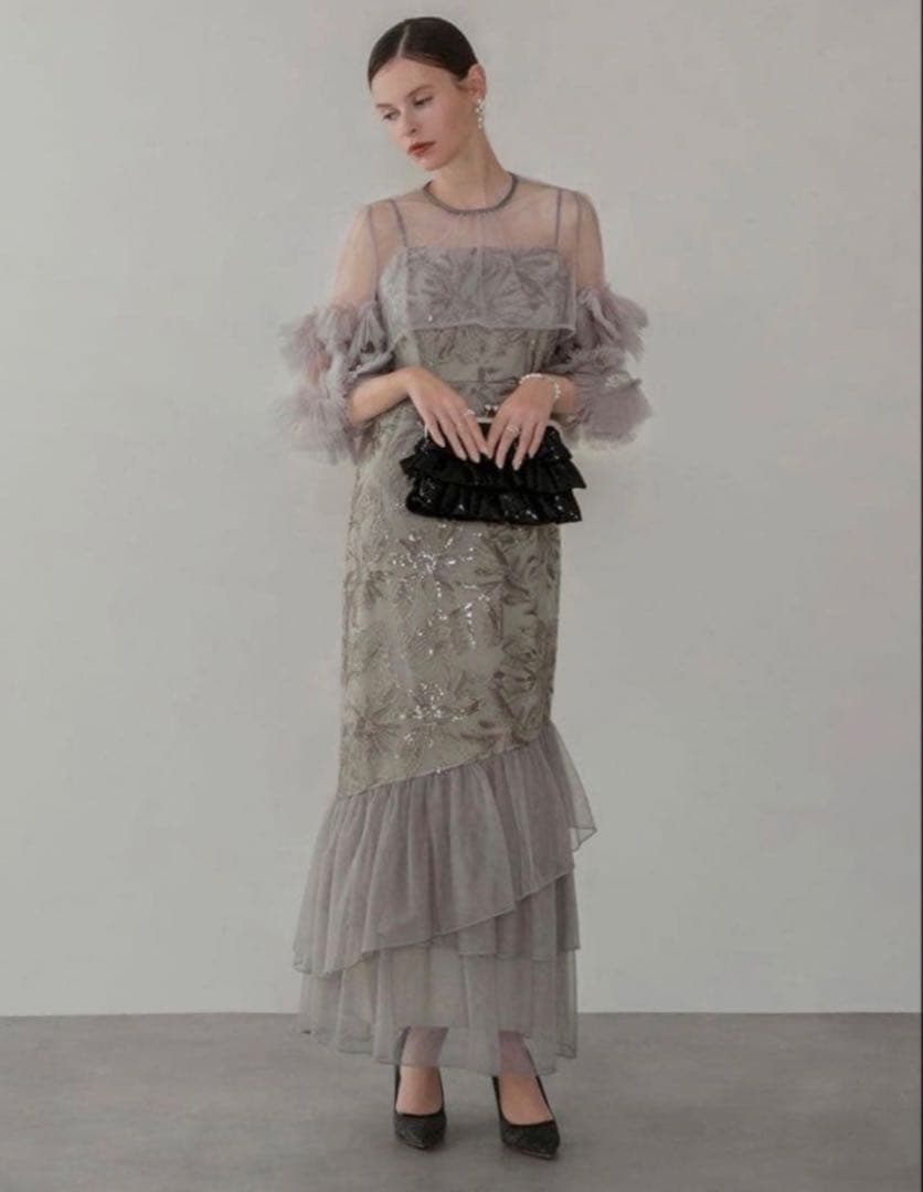 leja フラワースパンコールチュールフリルスリーブIラインワンピースドレス