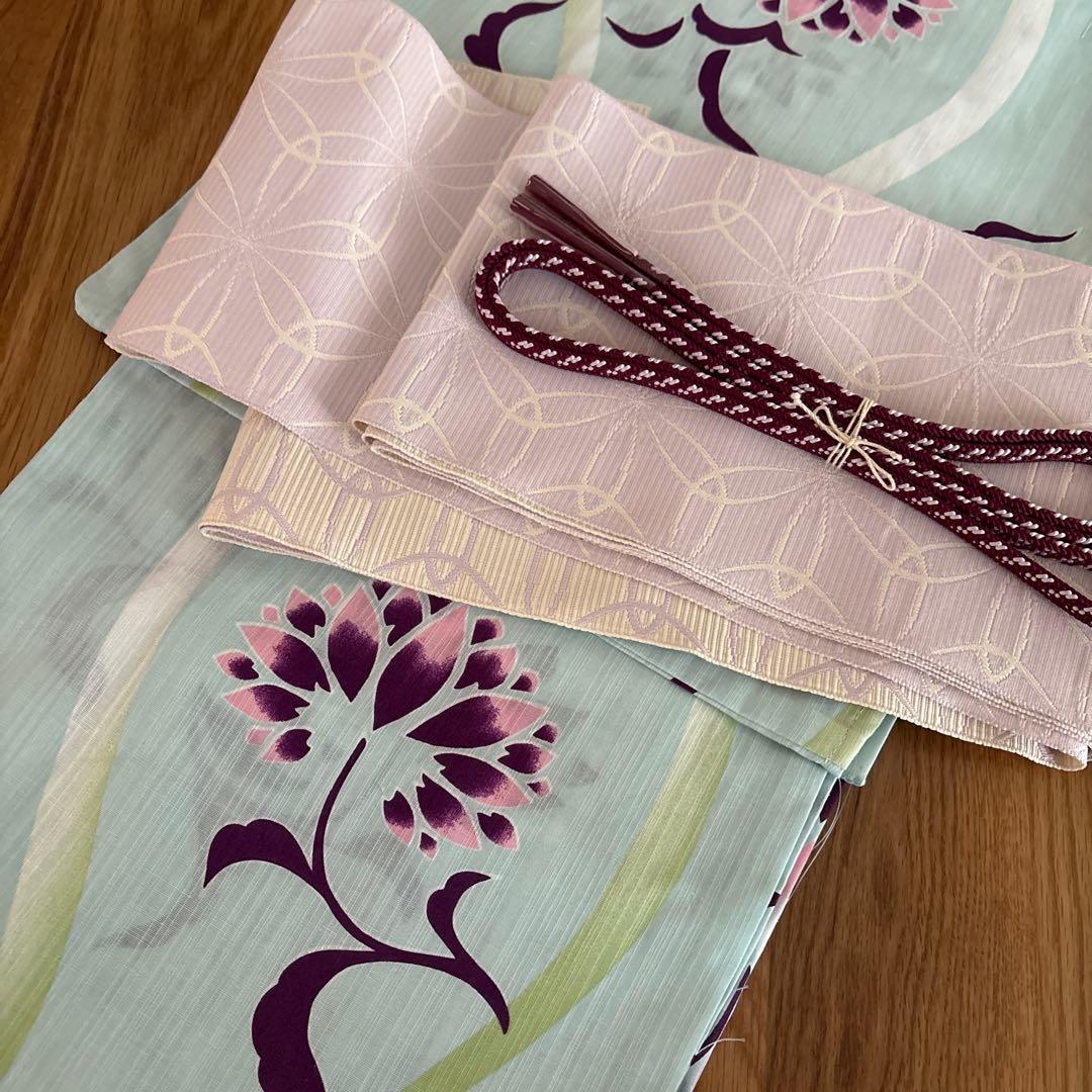 浴衣☆新品未使用☆花柄☆麻綿☆水色☆浴衣セット