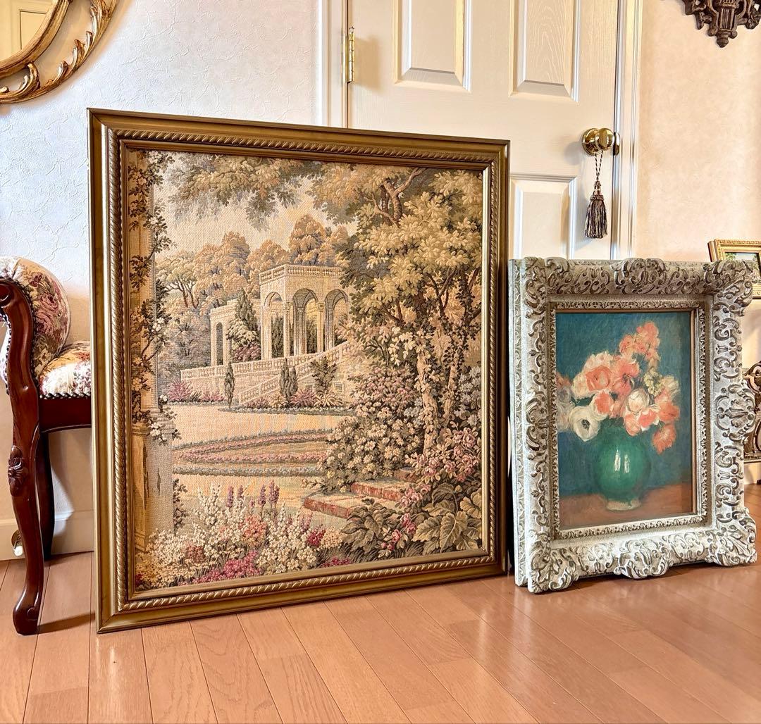M様ご購入　イタリア製ゴブラン織 ロココ調 風景画、モネ複製画 花瓶の花