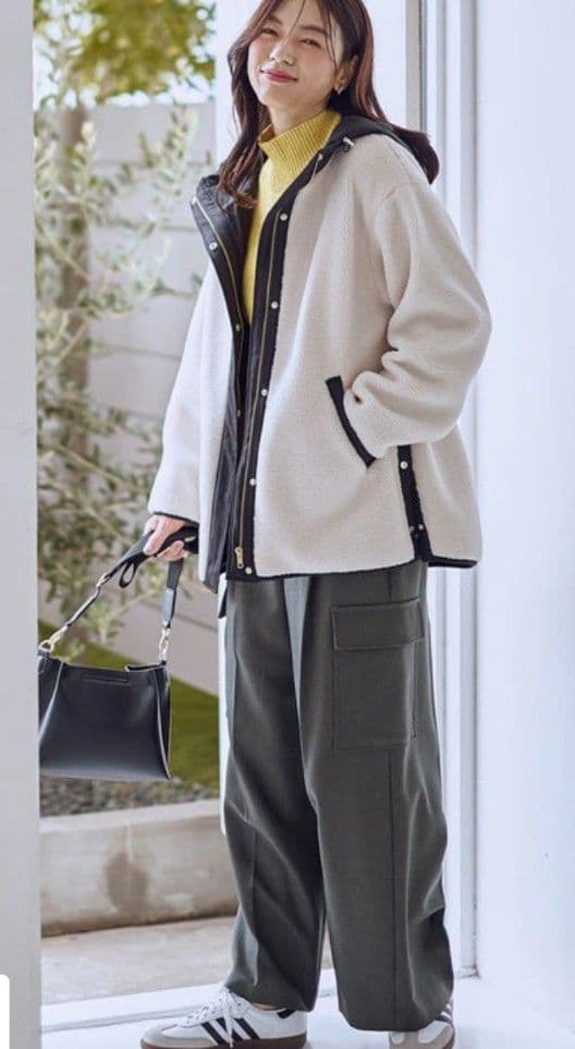 今期未使用【LEE掲載】anyオンワード樫山ボアコートＬ白☓黒