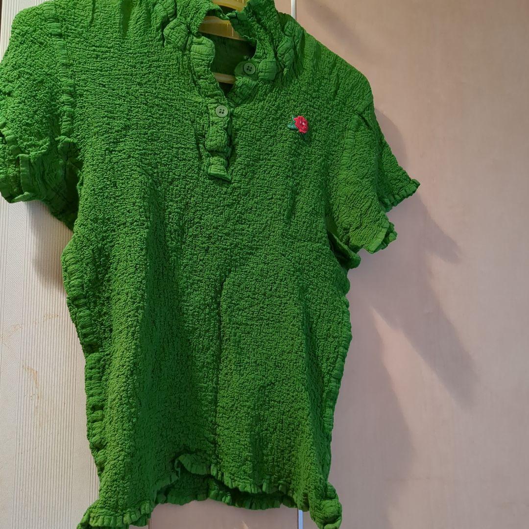 グリーン 半袖ポロシャツ 赤い花刺繍