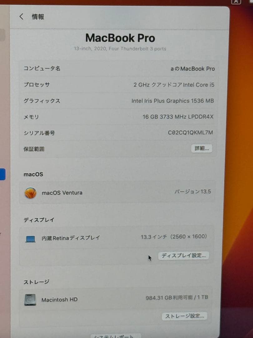 「極美品」Apple MacBook Pro 13インチ 1TB A2251