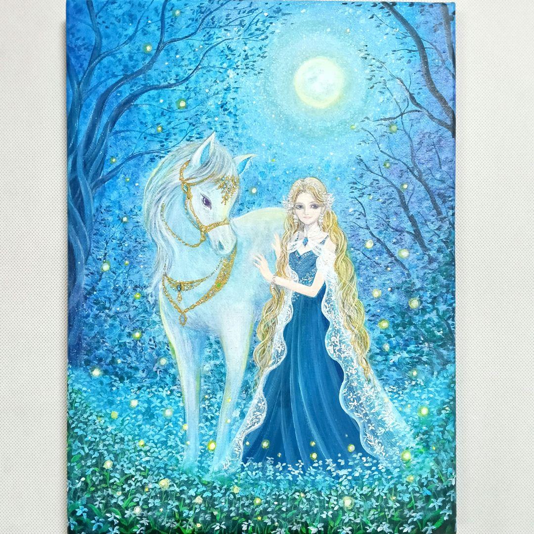 No.544 大きめF4size 白馬とエルフ アクリル画　原画　絵画