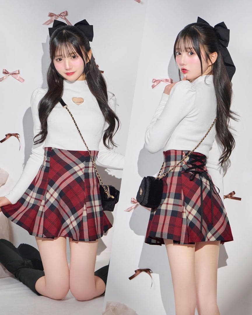 【新品タグ付き】 ミシェルマカロン フレアチェックスカート レッド FREE