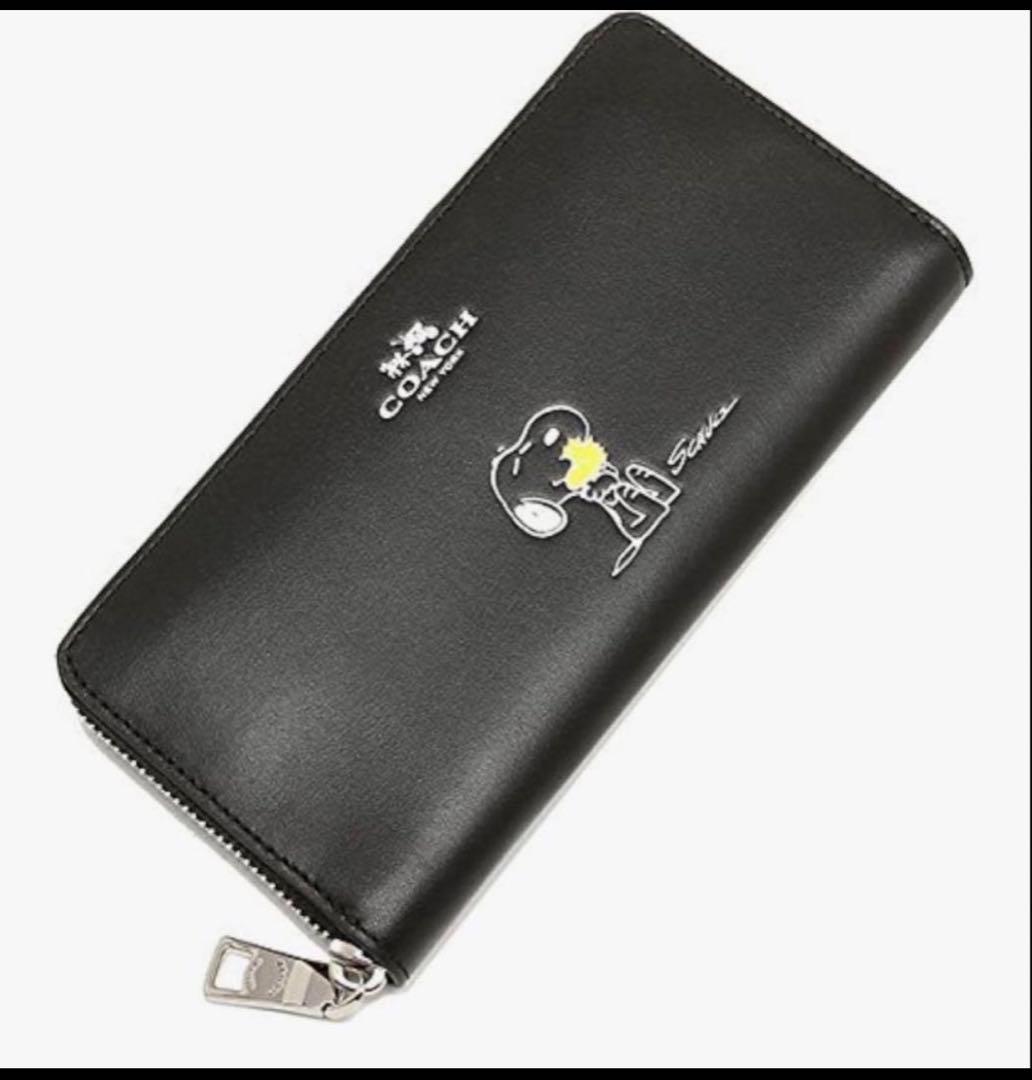 coachコーチスヌーピーコラボブラックレザー長財布