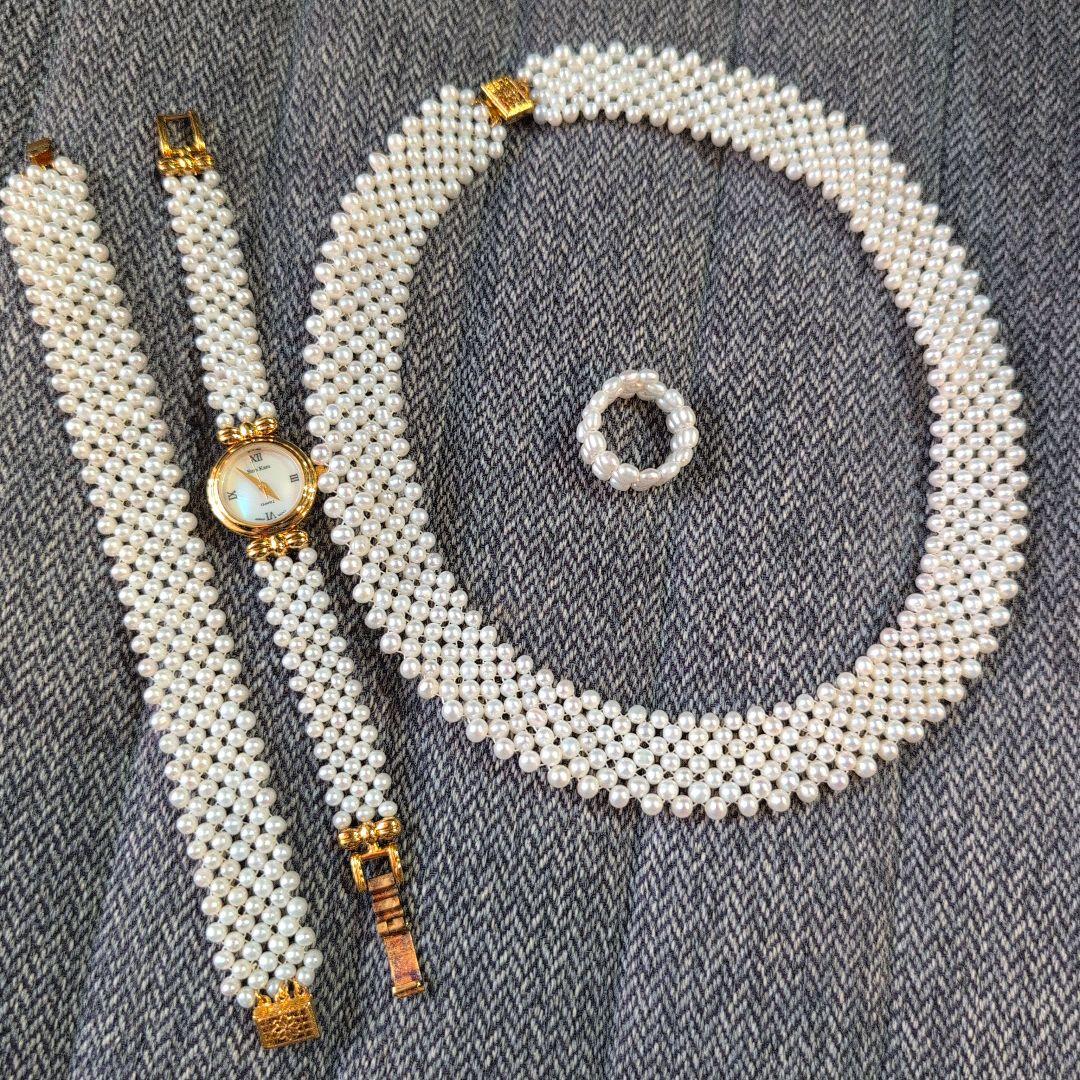 淡水真珠　ベビーパール　編み込み【ネックレス/時計/指輪/ブレスレット】セット