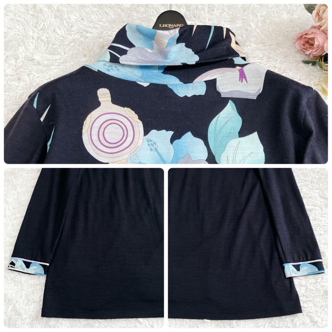 レオナール✨チュニック カットソー ハイネック トリム 花 香水柄 濃紺 M