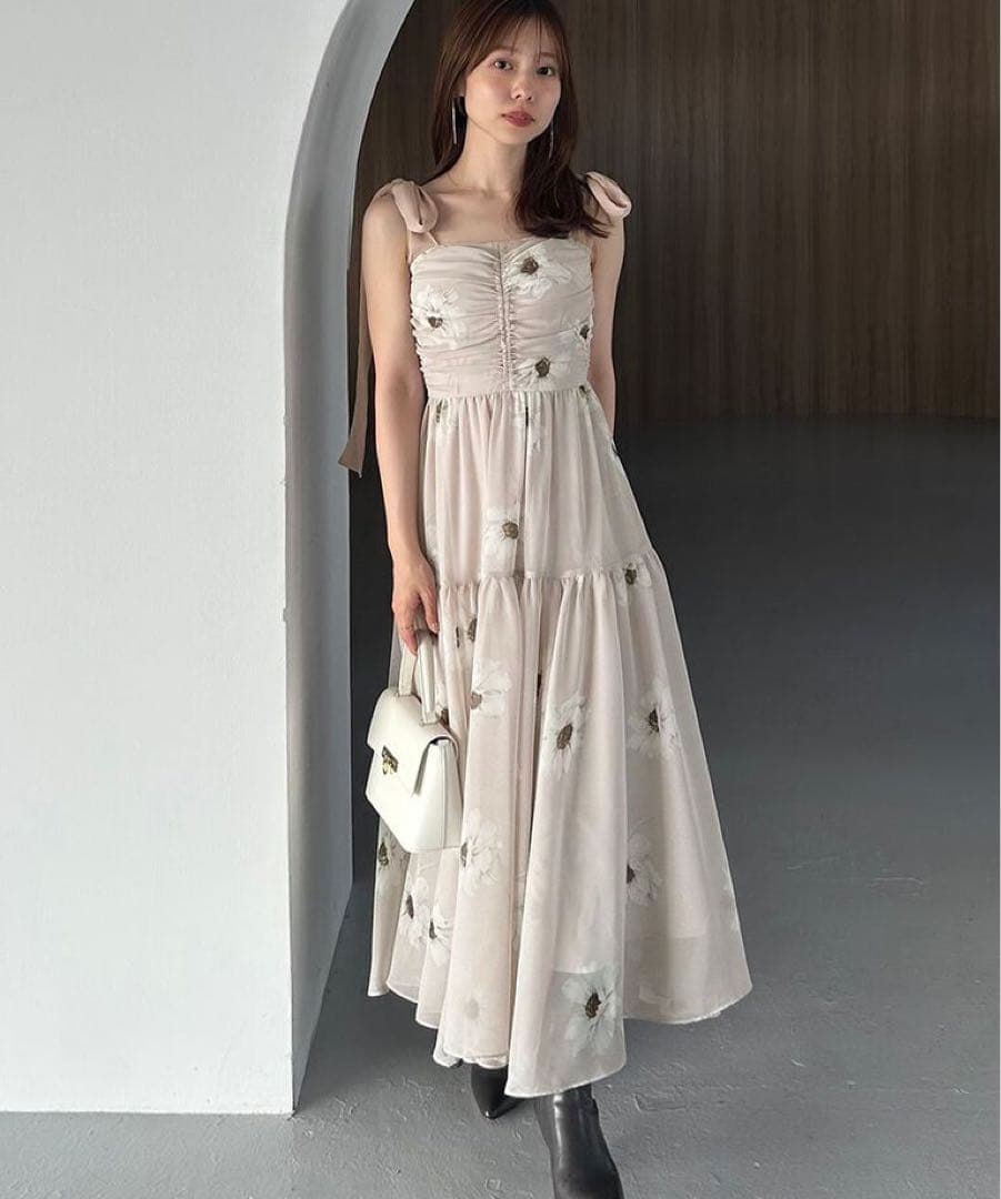 SNIDEL プリントショルダーリボンワンピース 0サイズ タグあり