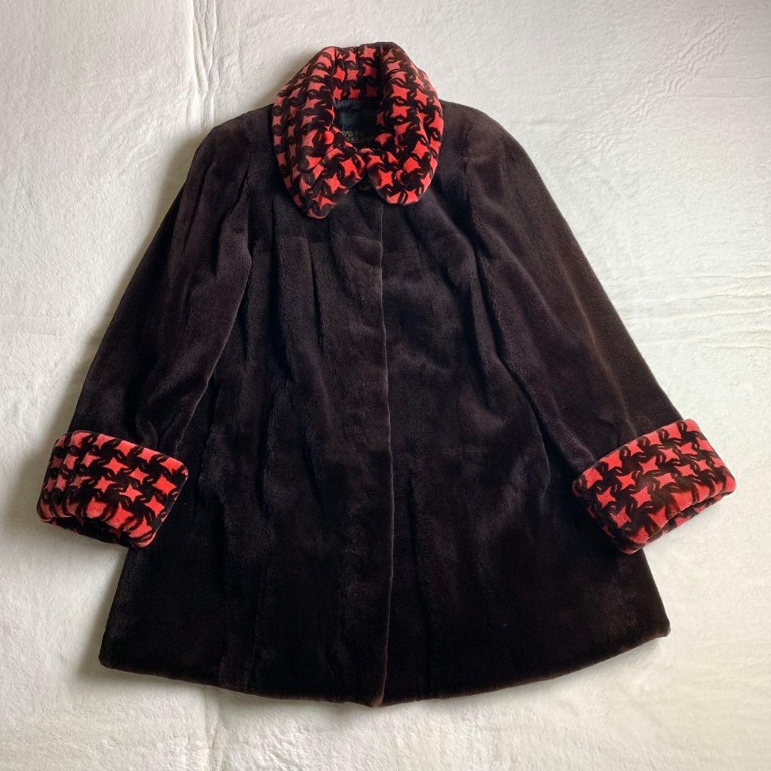 【ファーコート　サガミンク　千鳥格子柄　赤　黒　奇抜　レトロボタン　古着】