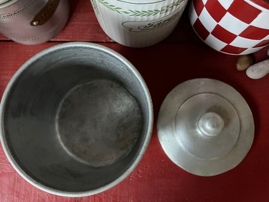 1930年代アルミキャニスター6缶セット　真鍮ラベル　フランスビンテージ