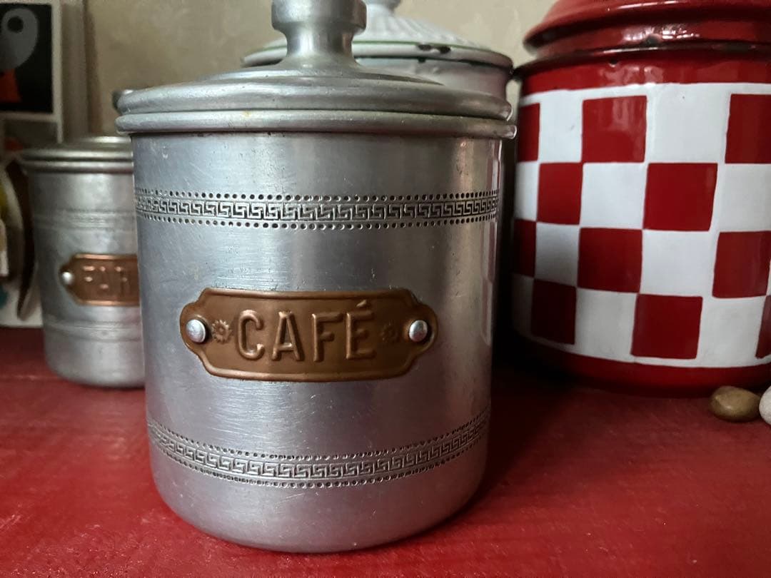 1930年代アルミキャニスター6缶セット　真鍮ラベル　フランスビンテージ