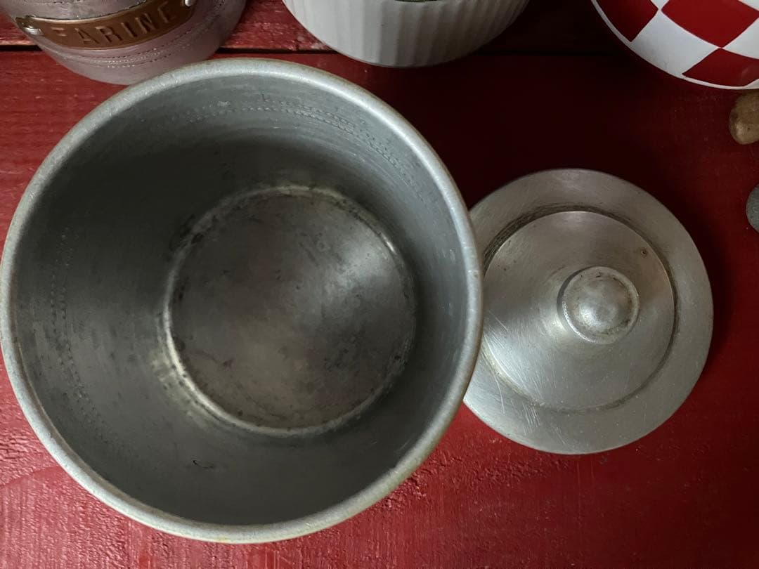 1930年代アルミキャニスター6缶セット　真鍮ラベル　フランスビンテージ