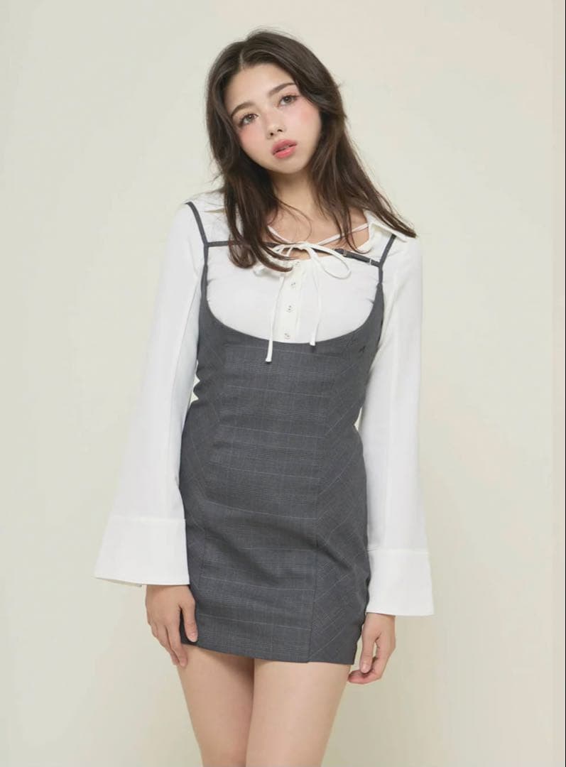 ワンピース andmary Betty layered check dress/ gray