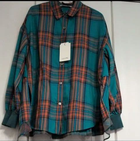 半額以下！Lallia Mu長袖シャツ ターコイズ・オレンジチェック新品タグ付き