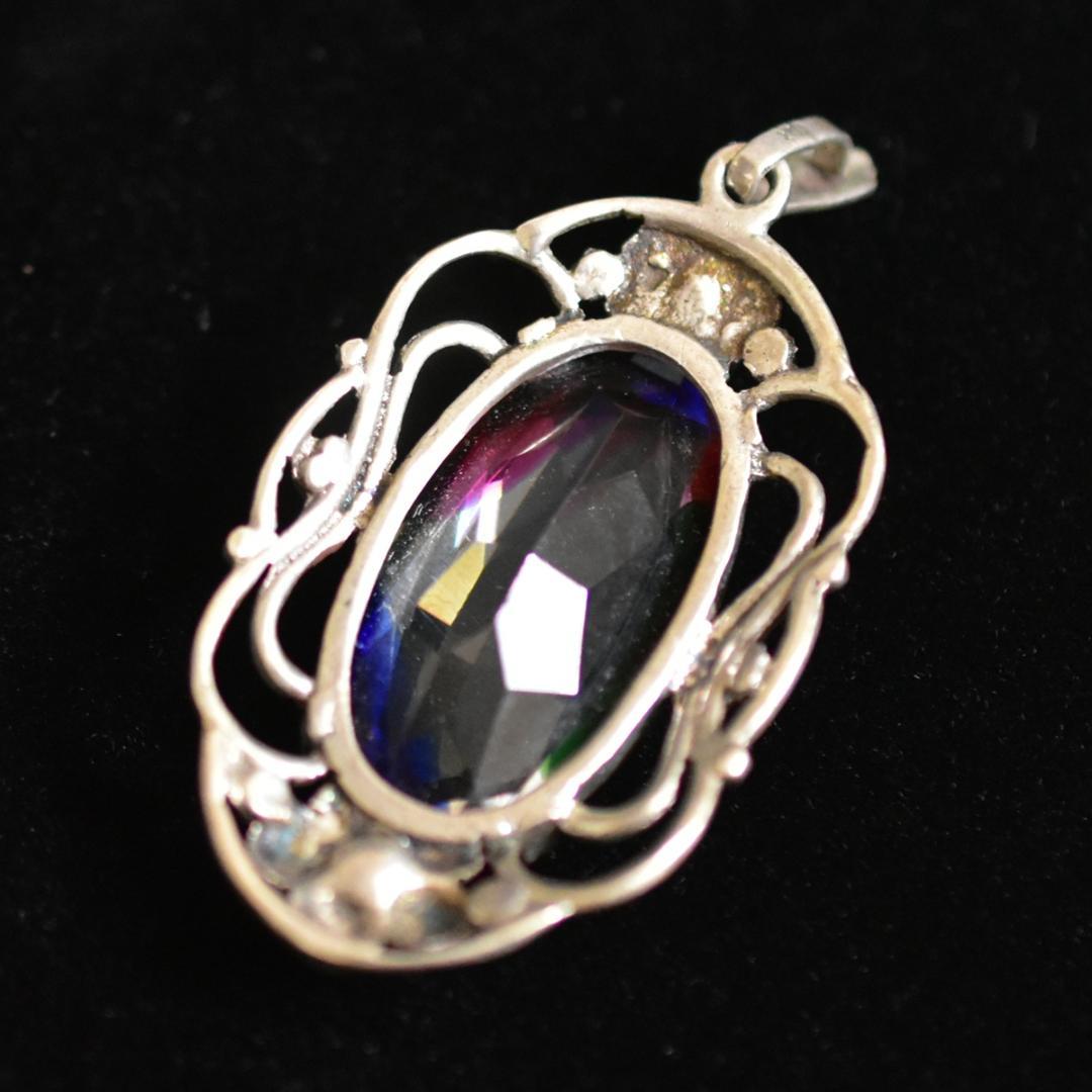 アンティーク 虹色 大粒アイリスガラスの銀製チャーム/ペントップ