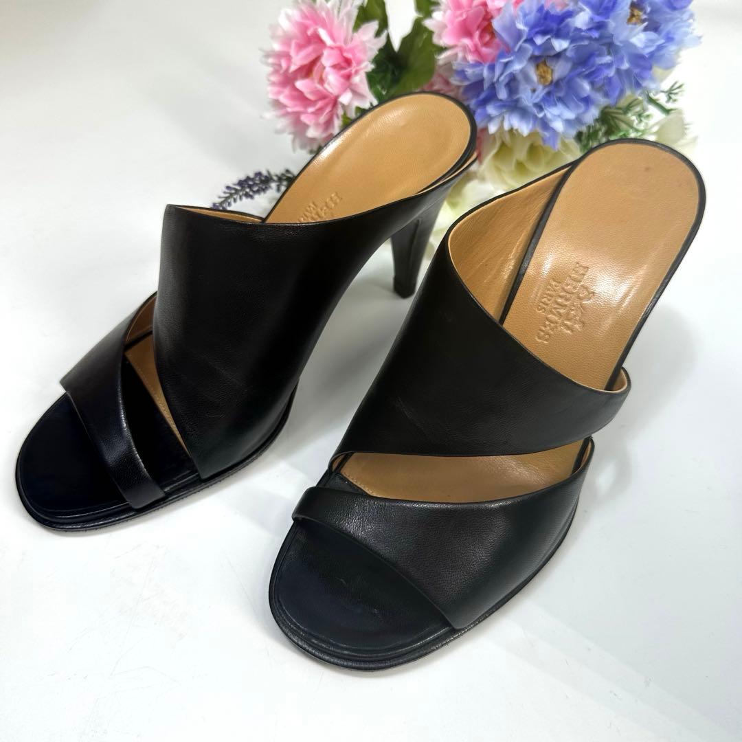 美品★HERMES★エルメス ミュール サンダル レザー 黒 ヒール サイズ35