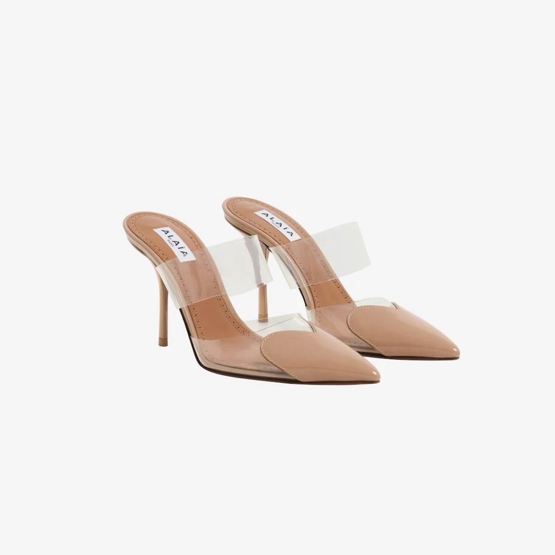 Alaïaアライア　LE CŒUR パテントカーフスキン製 ミュール　ベージュ