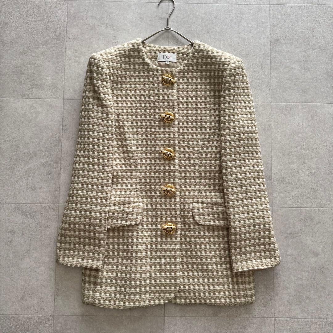 ミスディオール　テーラードジャケット ノーカラー　ツイード　金具　チェック