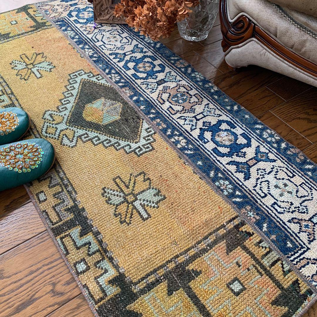 トルコヴィンテージラグ　マスタードイエロー115cm×52cm トルコラグ