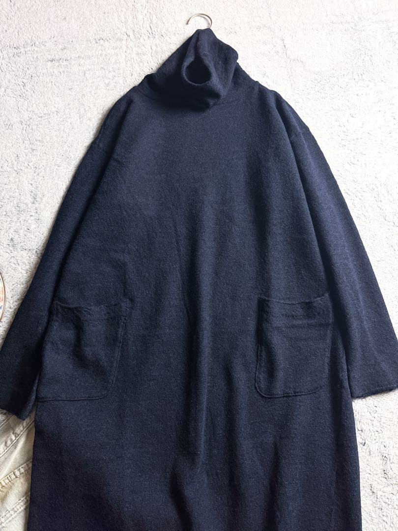 【45R】45rpm 毛100% ハイネックインディゴニットワンピース ポケット