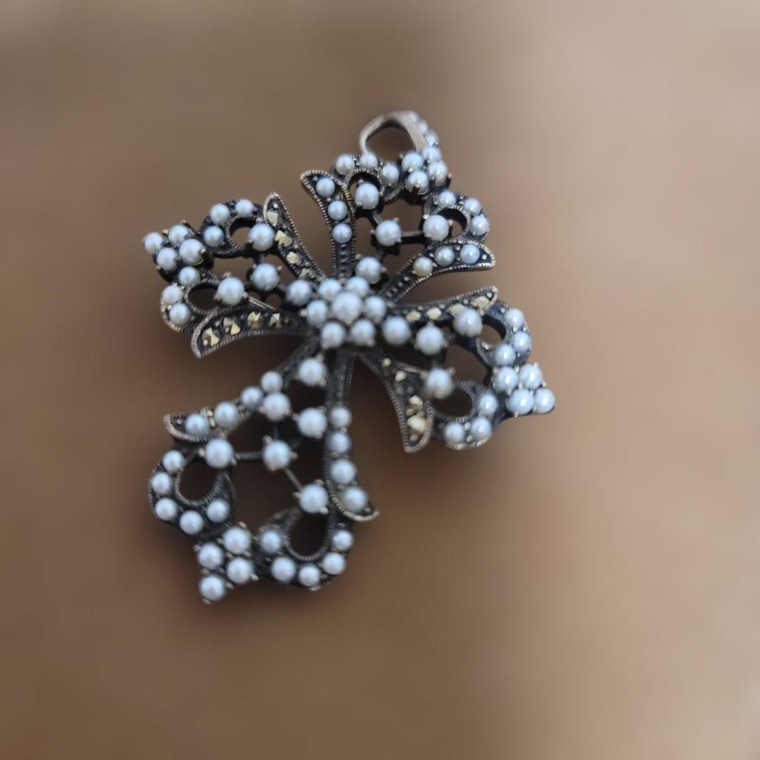 碌山 ベビーパール マーカサイトアンティーク調ペンダントトップ ブローチ