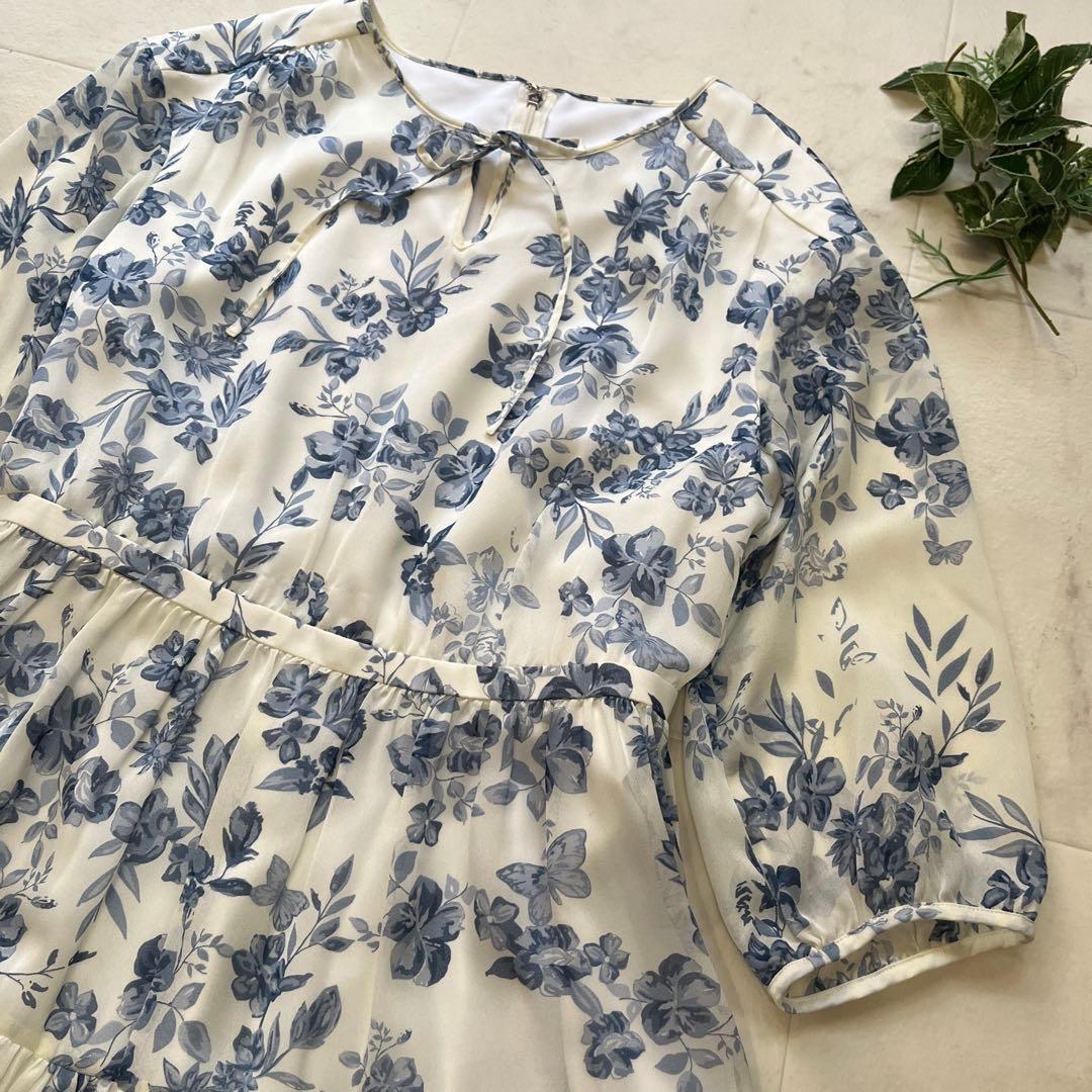 美品　TO BE CHIC 花柄シフォンワンピース　大きいサイズ42 近年　白