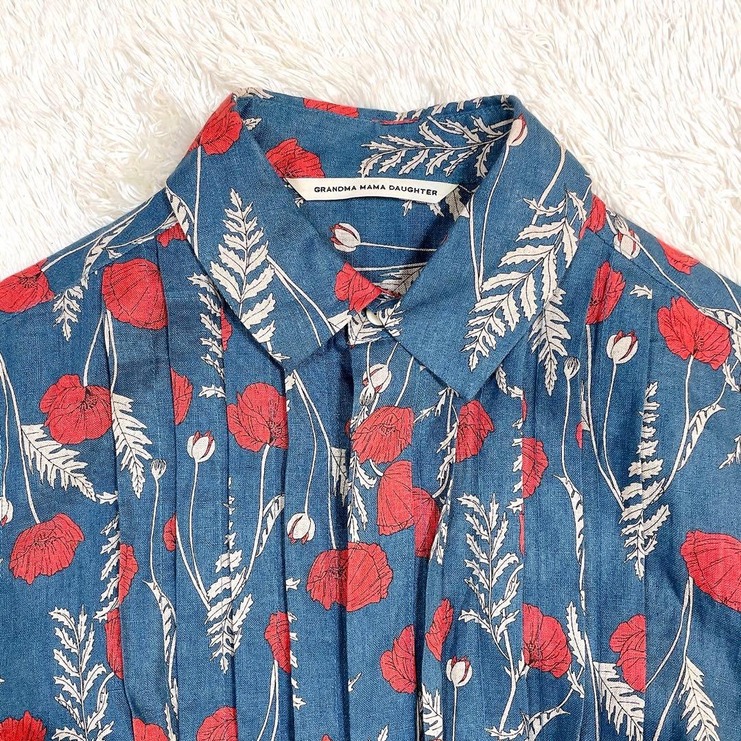 美品✨グランマママドーター 花柄 シャツワンピース リネン ベルト ロング