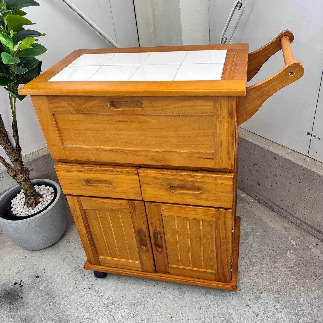 木製キッチンワゴン タイル天板 キャスター付 キャビネット