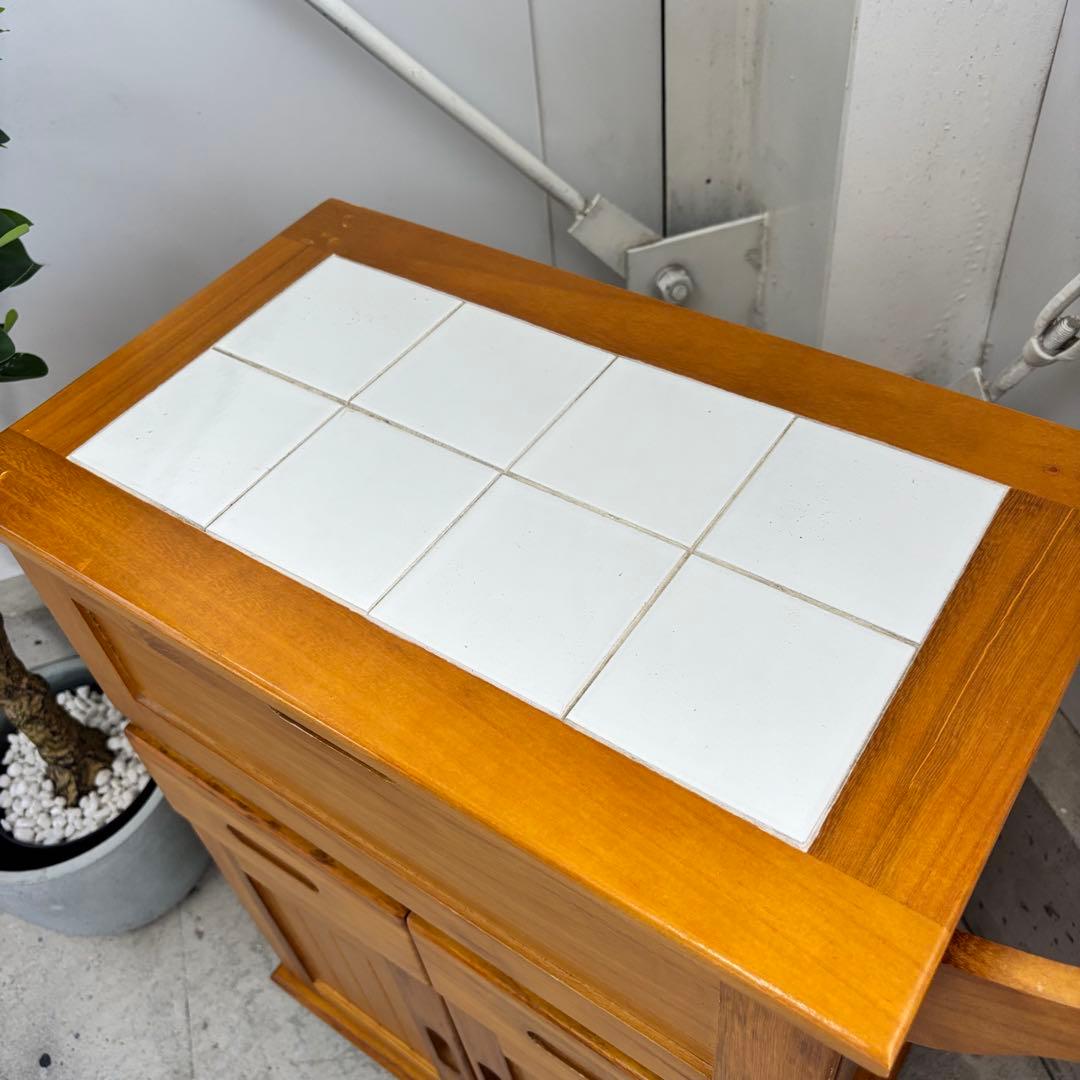 木製キッチンワゴン タイル天板 キャスター付 キャビネット