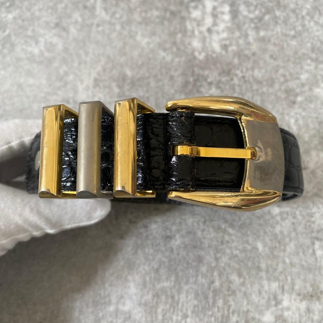 ヴェルサーチ　ベルト　クロコ型押し　レザー　ブラック　ゴールド金具