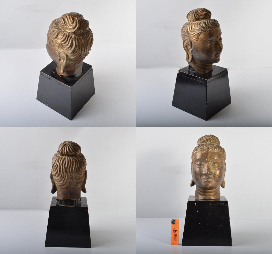 マツ　仏教美術　古銅鍍金　仏頭　仏像　木製台付　D R4397C