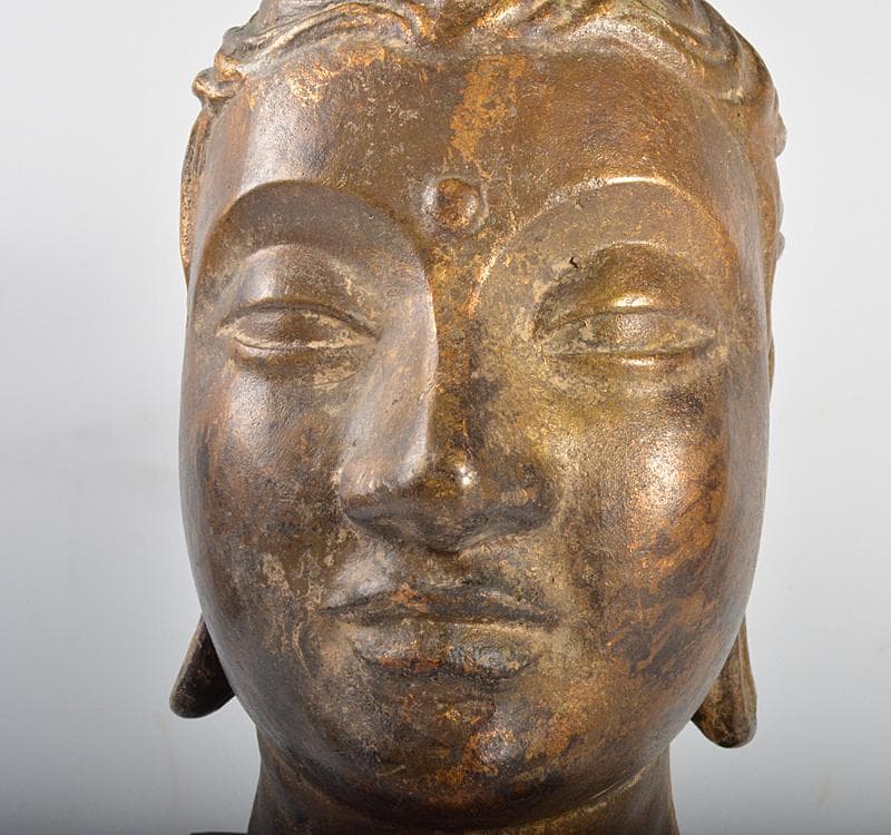 マツ　仏教美術　古銅鍍金　仏頭　仏像　木製台付　D R4397C
