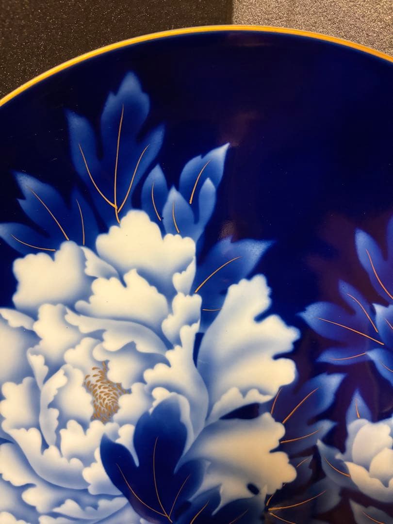 大人気　37.5cm 木箱付き　深川製磁 瑠璃牡丹　大皿 プレート 飾皿　希少