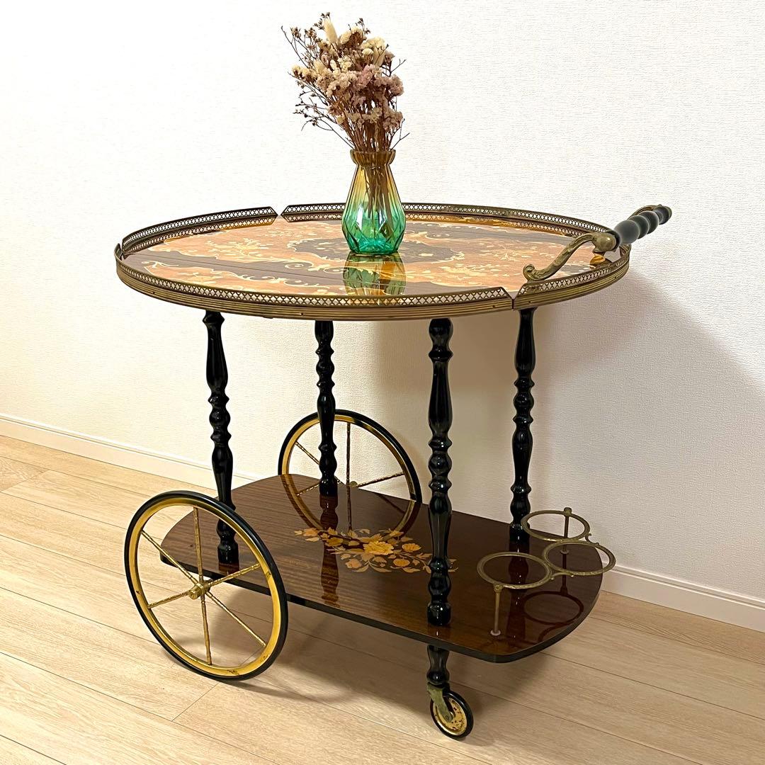 そ79【イタリア製】真鍮・薔薇リース象嵌細工 バタフライ キッチンワゴン