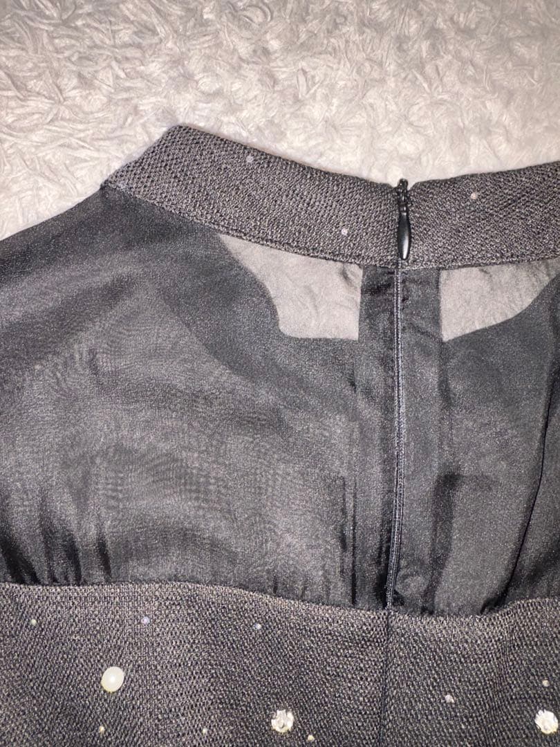 【LEJA】パールビジュー付き透け感プリーツフレアスリーブビーズマーメイド